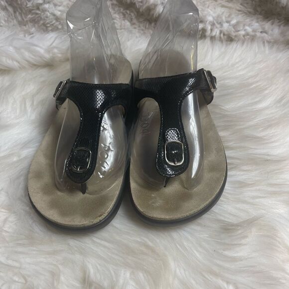 SAS leather patent black snake skin print thong sandals silver tone buckle SZ10 - Picture 1 of 11